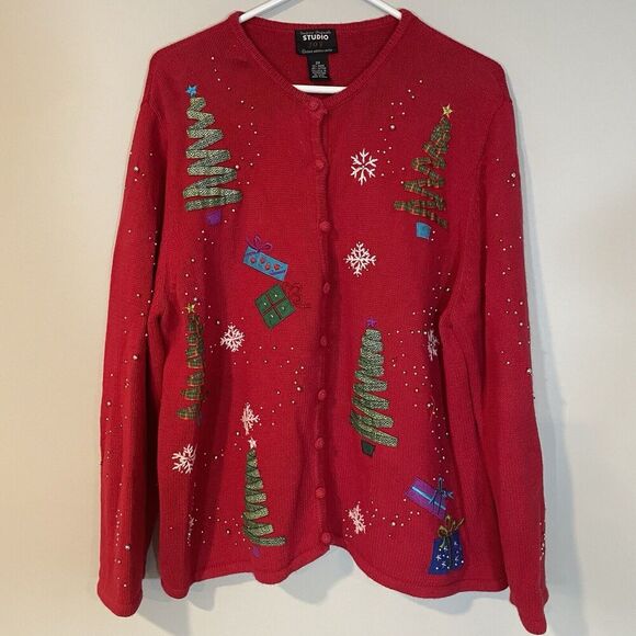 Designers Originals Studio Vintage Womens 2X Christmas Sweater Cardigan Trees - Picture 1 of 7